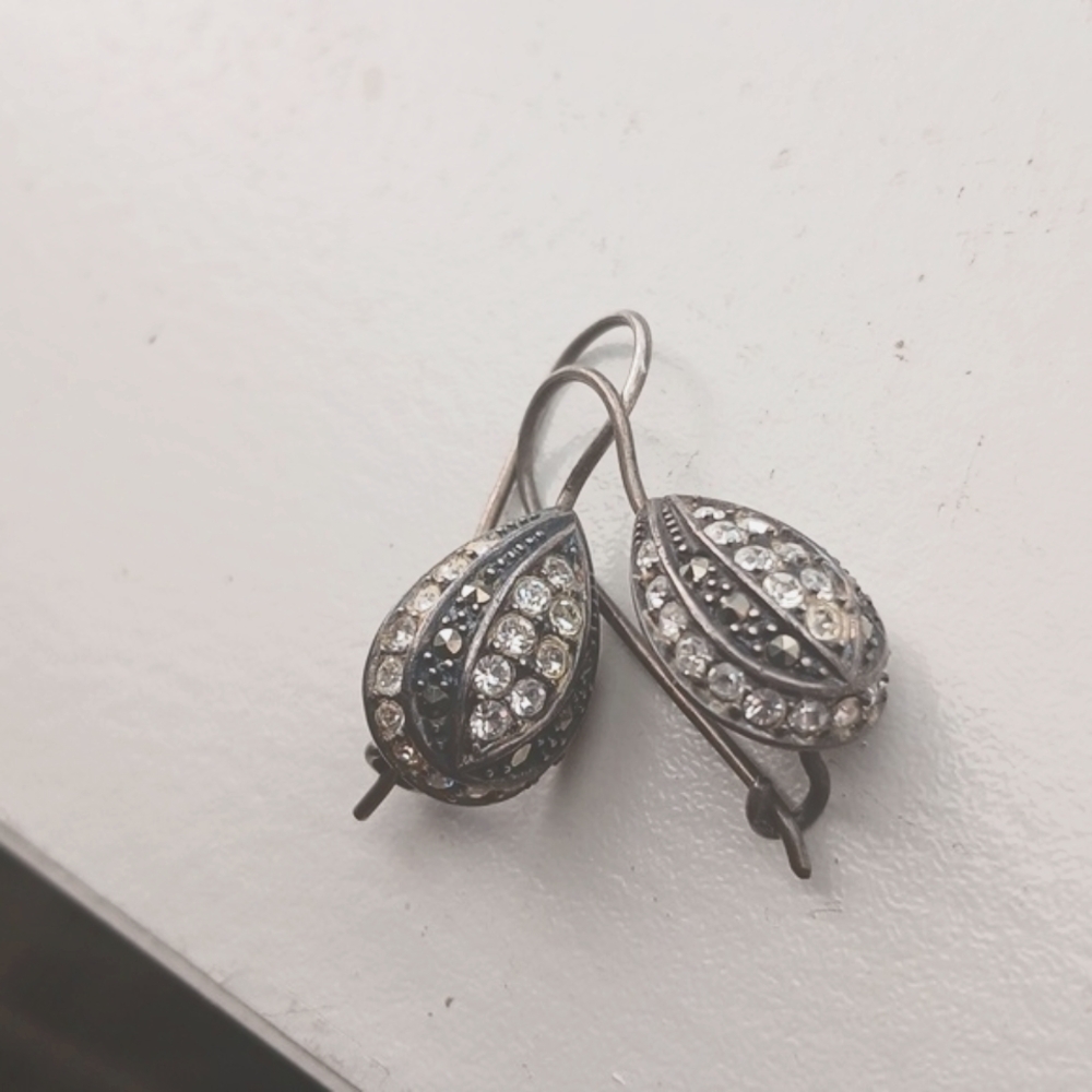 Vintage 925 Silver W/Black Details Teardrop Earrings Thailand